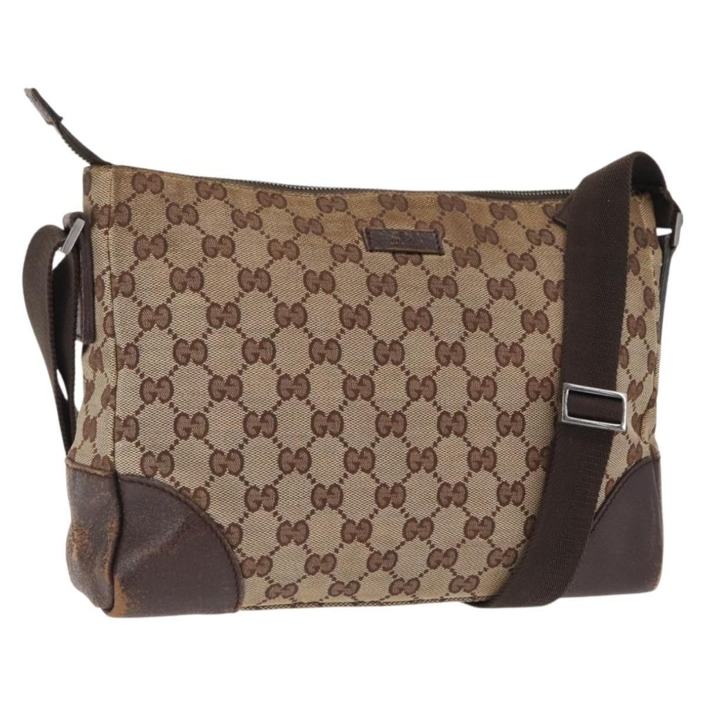 Authentic Gucci Gg Canvas Shoulder Bag Beige Silver 114273